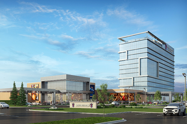 Rendered image of the Queen of Terre Haute Casino Resort exterior.