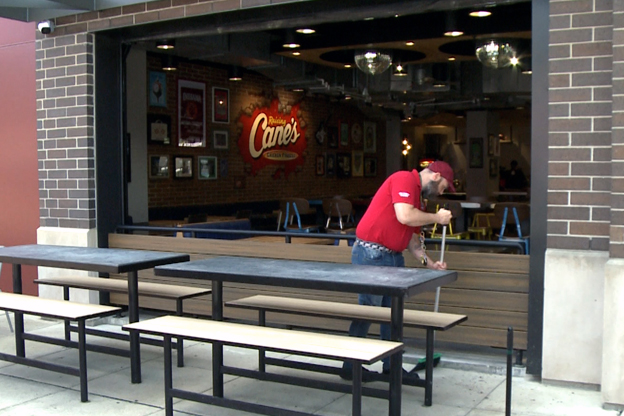 Open window in front of Bloomington's Raising Cane's restaurant on Kirkwood Avenue.