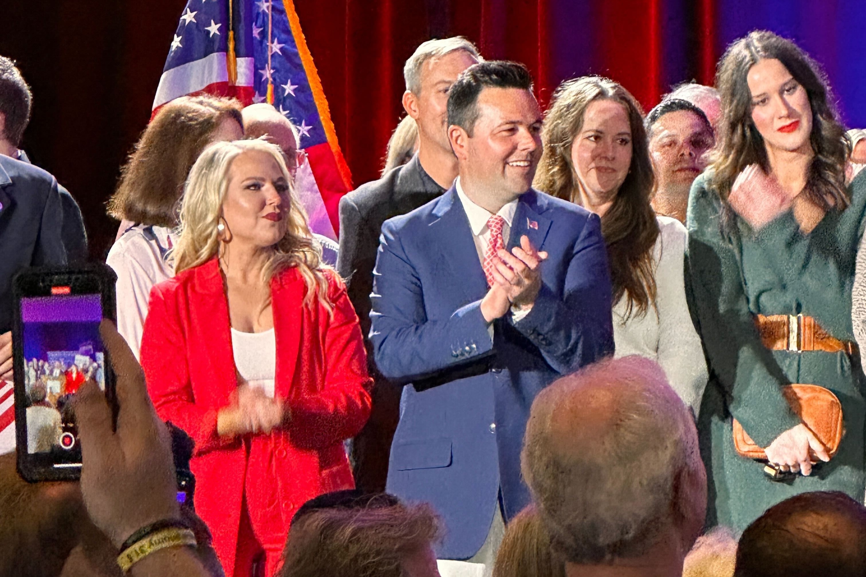 LG-elect Micah Beckwith watches Mike Braun give his winners speech at the Nov. 5, 2024 Indiana GOP election night watch party in Indianapolis