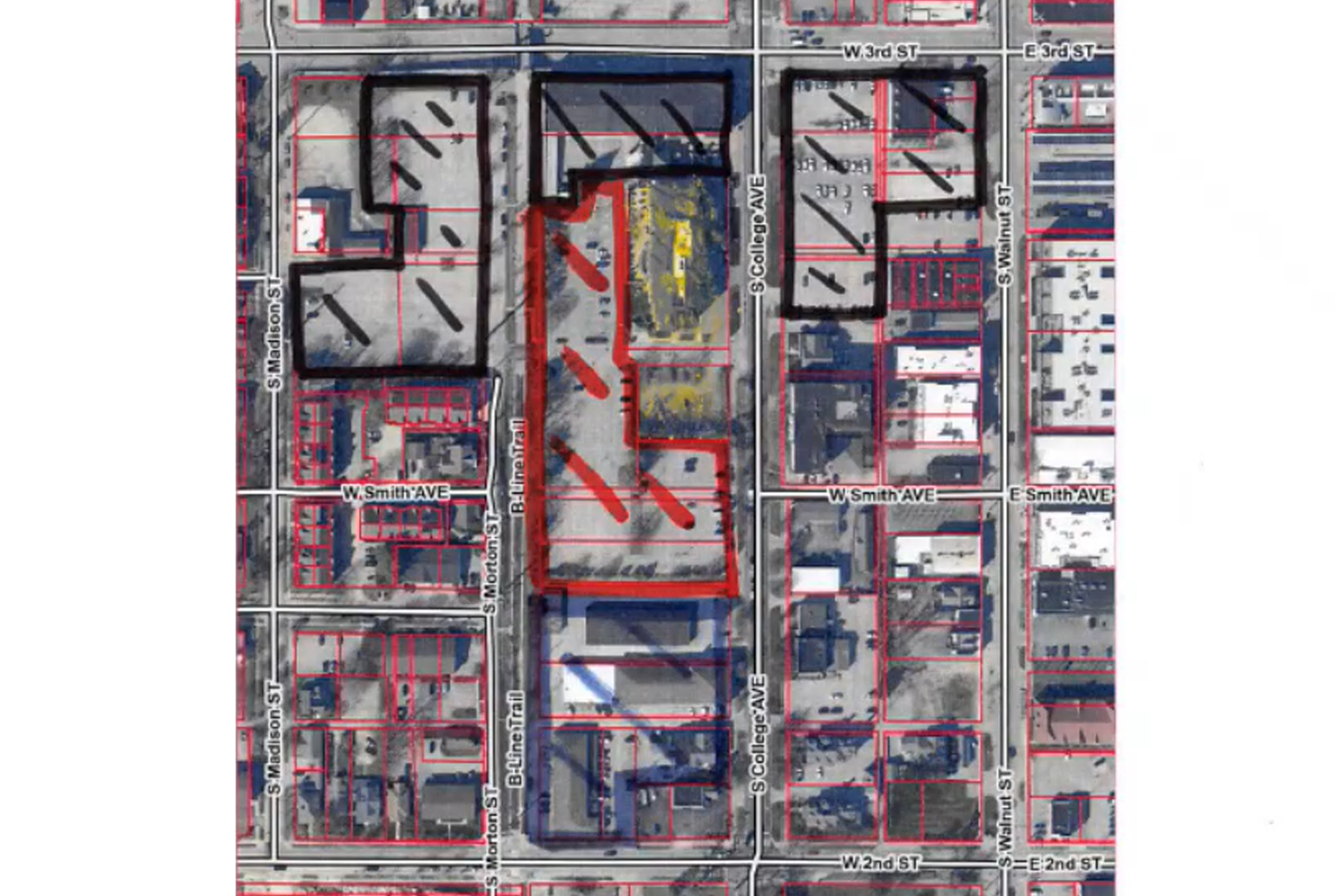 Convention center property, black areas county owned, red city owned