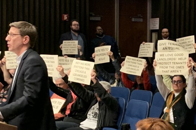A man speaks in support of renter's rights at an Indianapolis City Council meeting Feb 24, 2020.