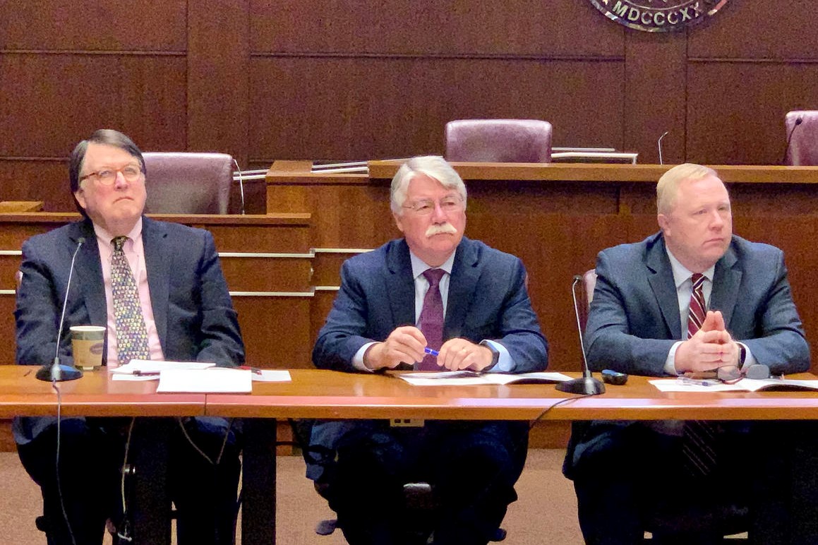 Former Indiana Chief Justice Randall Shepard, former Attorney General Greg Zoeller and Indiana Bar Foundation executive director Chuck Dunlap at the unveiling of the 2019 Indiana Civic Health Index. 