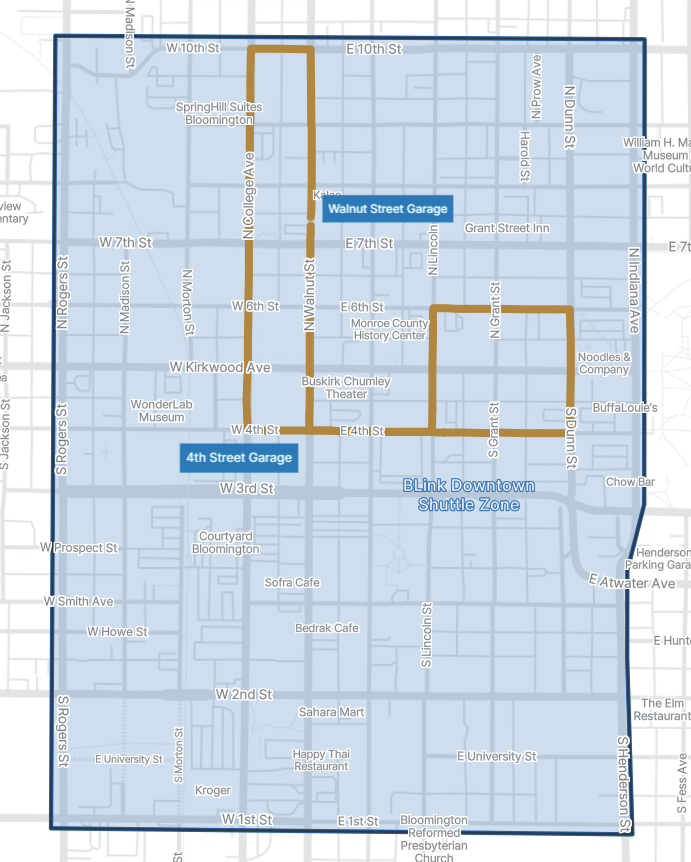 Free shuttle service zone as presented by Bloomington Transit.
