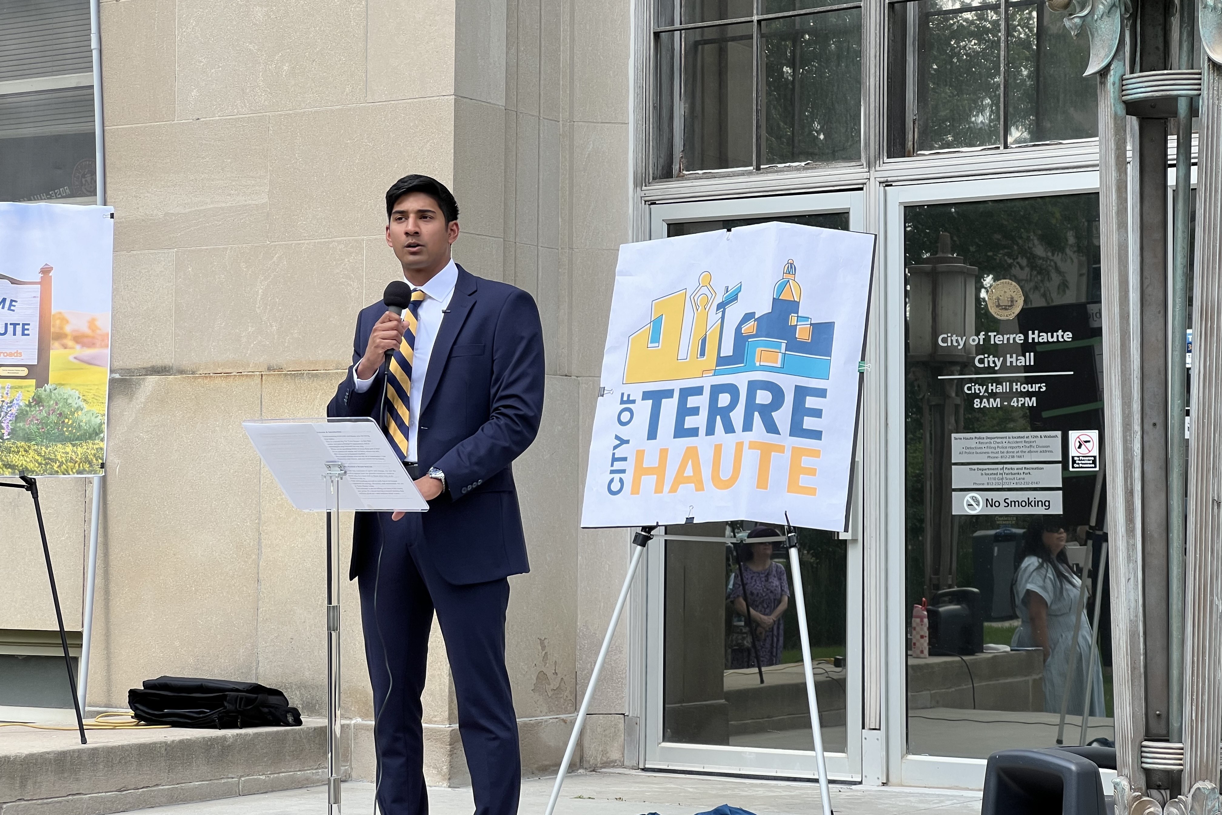 Terre Haute Mayor Brandon Sakbun speaks at city rebrand event on Thursday, May 29th, 2025.