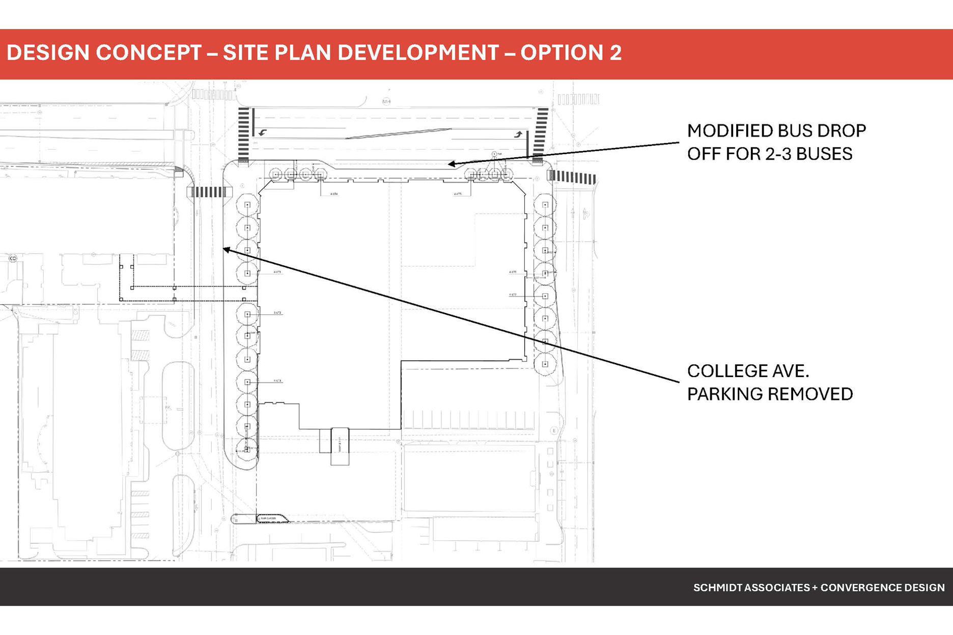 Design concept of a modified bus drop off lane on the north end of the convention center expansion.