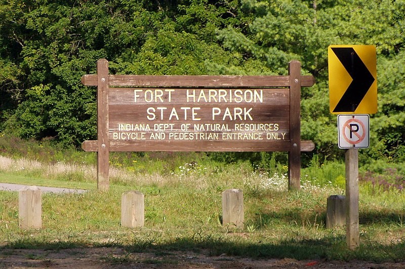 A sign at an entrance to Fort Ben State Park in Indianapolis, Indiana.