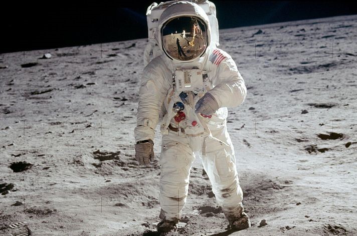 Astronaut Buzz Aldrin takes steps on the moon during the Apollo 11 moonwalk.