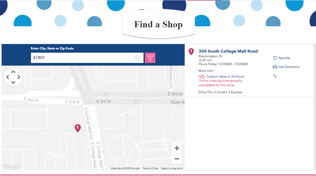 A screenshot of the Baskin-Robbins website showing a location in Bloomington.