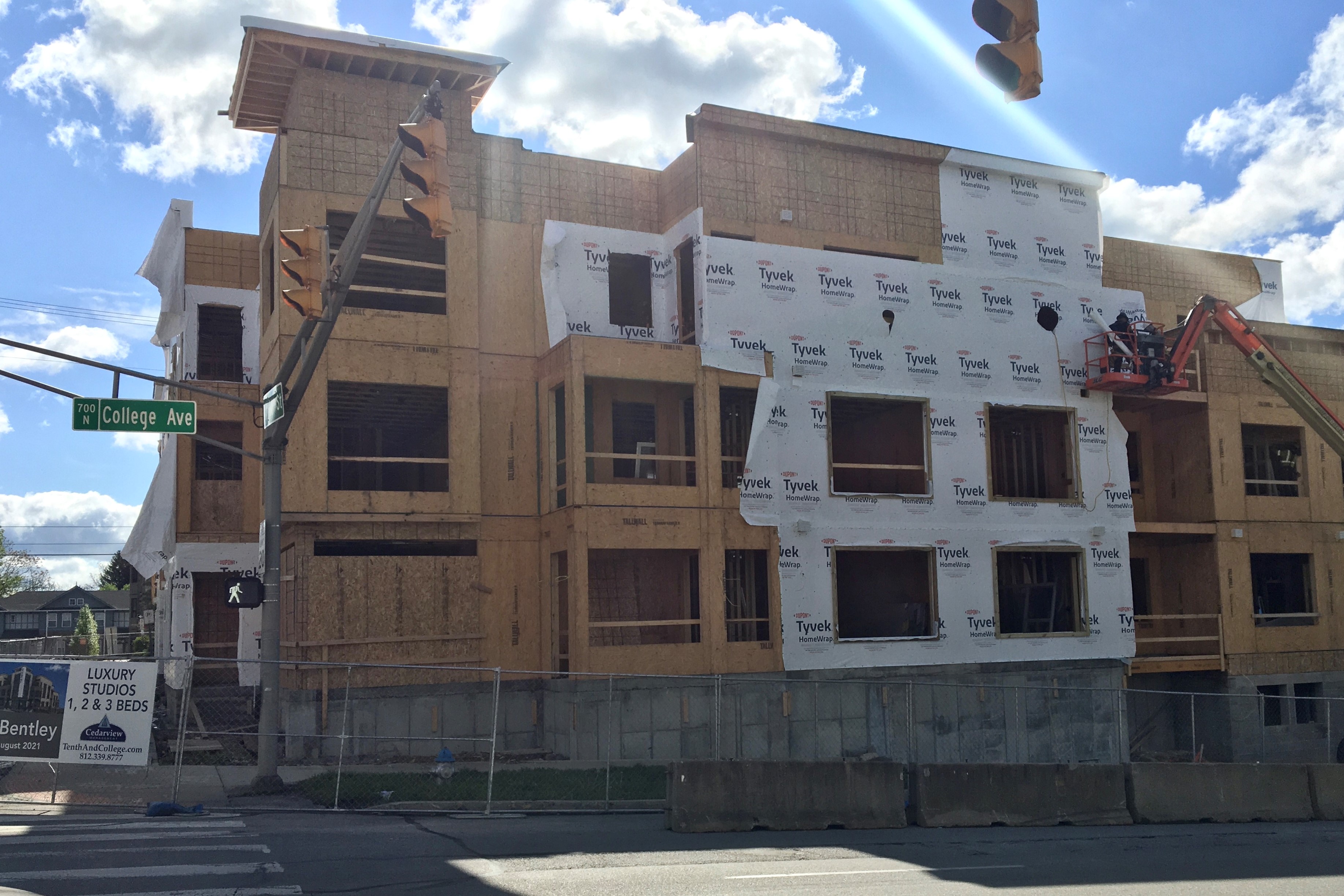 The Bentley apartment complex is under construction on the corner of 11th Street and College Avenue.