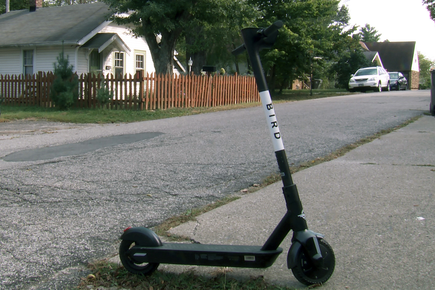 A Bird electric scooter sits in front of a house in a residential neighborhood.