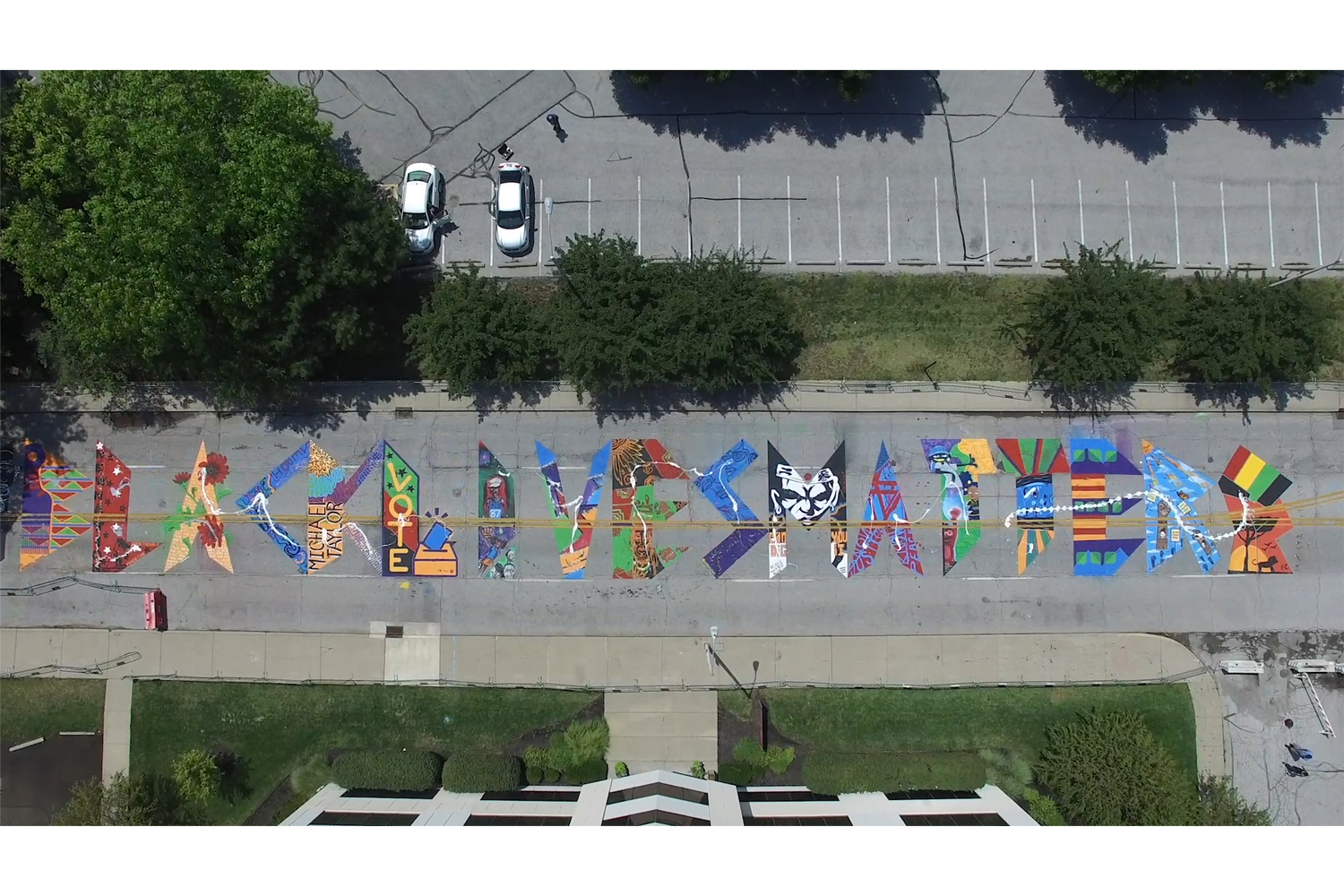 An aerial photo of the vandalism done to the Black Lives Matter Mural in Indianapolis.