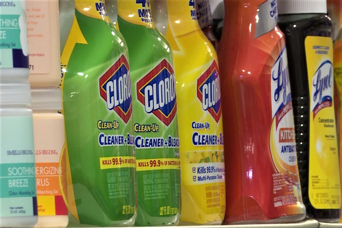 Rows of cleaning supplies and products at Bloomington Hardware.