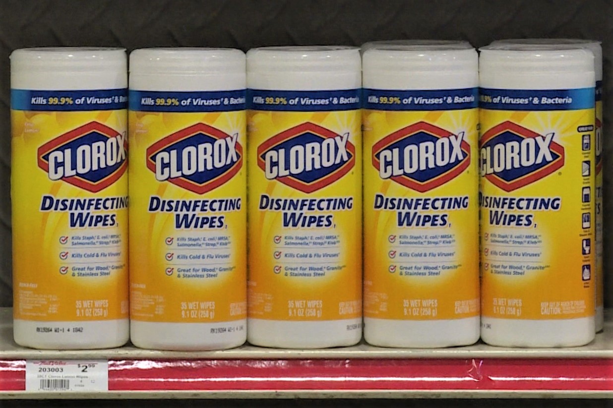 A shelf of Clorox brand disinfecting wipes at Bloomington Hardware.