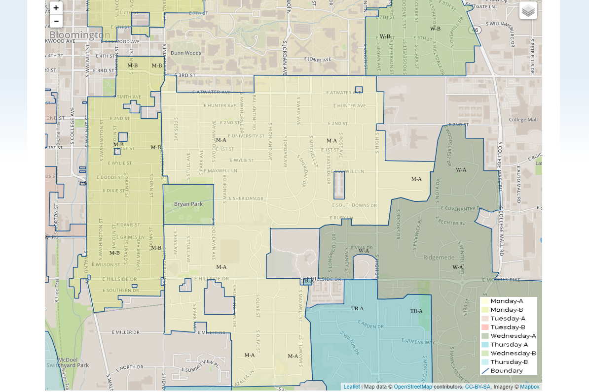 A screenshot of part of Bloomington Sanitation Service's trash and recycling schedule and routes.