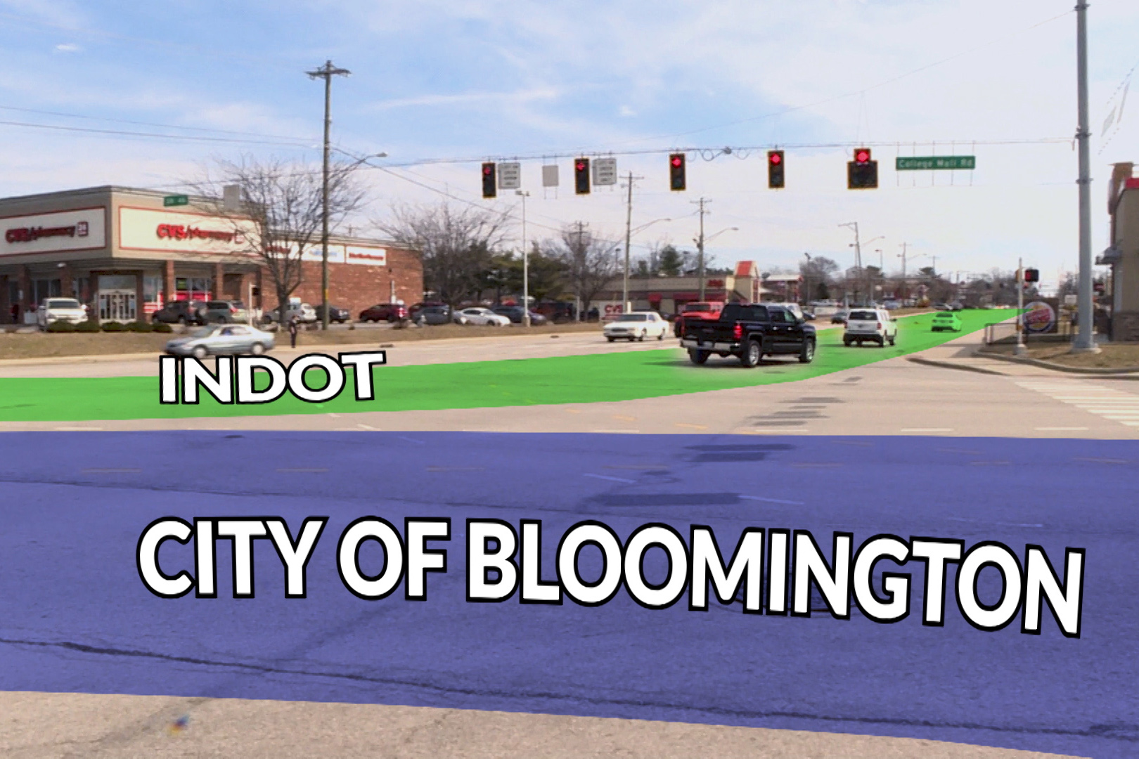 a graphic overlay on a bloomington city street