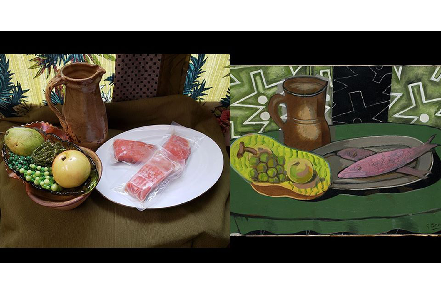(Right) Georges Braque, Still Life with Pink Fish (1937), oil on canvas, 17 x 24 in. Indianapolis Museum of Art at Newfields, Bequest of Mrs. James W. Fesler, © Georges Braque / Artists Rights Society (ARS). (Left) Created by Sarah Trew, Newfields