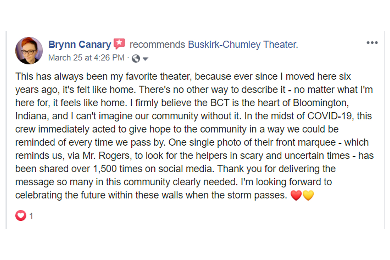 A screenshot of a review Brynn Canary left for the Buskirk-Chumley Theatre on their Facebook page.