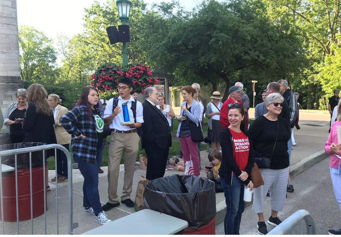 People line up outside the IU auditorium before Buttigieg's speech.