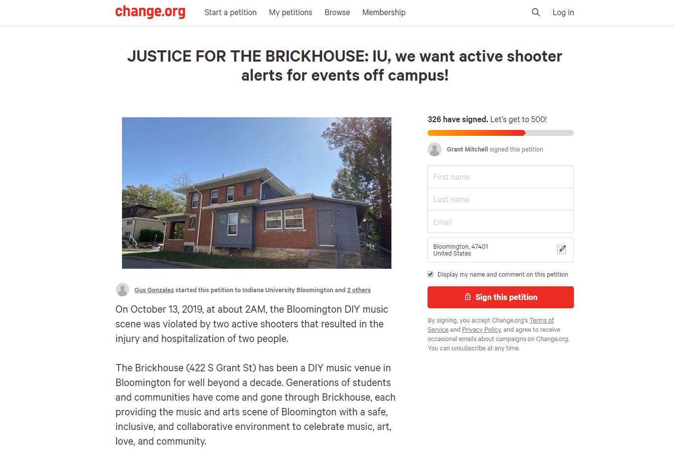 A screenshot of a petition on Change.org asking for justice for tenants of an IU house party where a shooting happened.