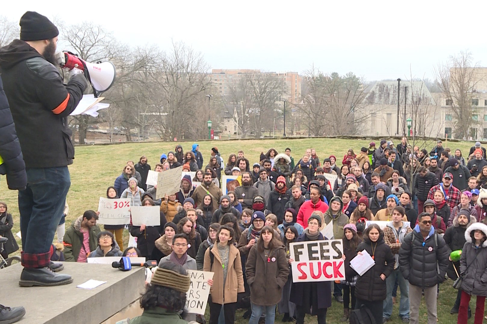 A crowd of graduate students at a protest at Indiana University Jan. 28, 2019.