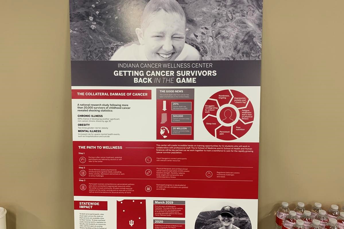 A poster displayed at the new cancer wellness center launch in Indianapolis.