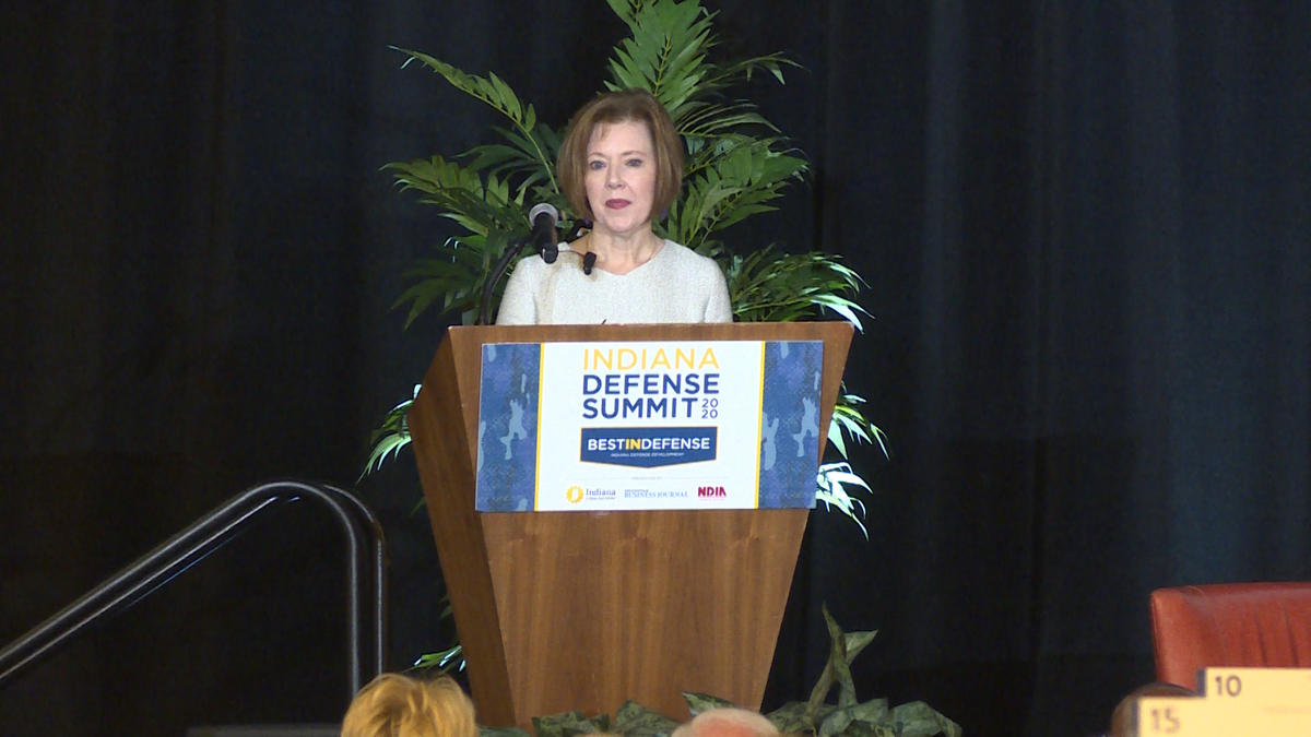 Department of Defense Chief Management Officer Lisa Hershman speaks at the inaugural Indiana Defense Summit held in Indianapolis.