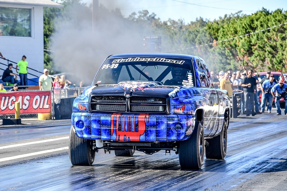 A diesel truck drag racing. 