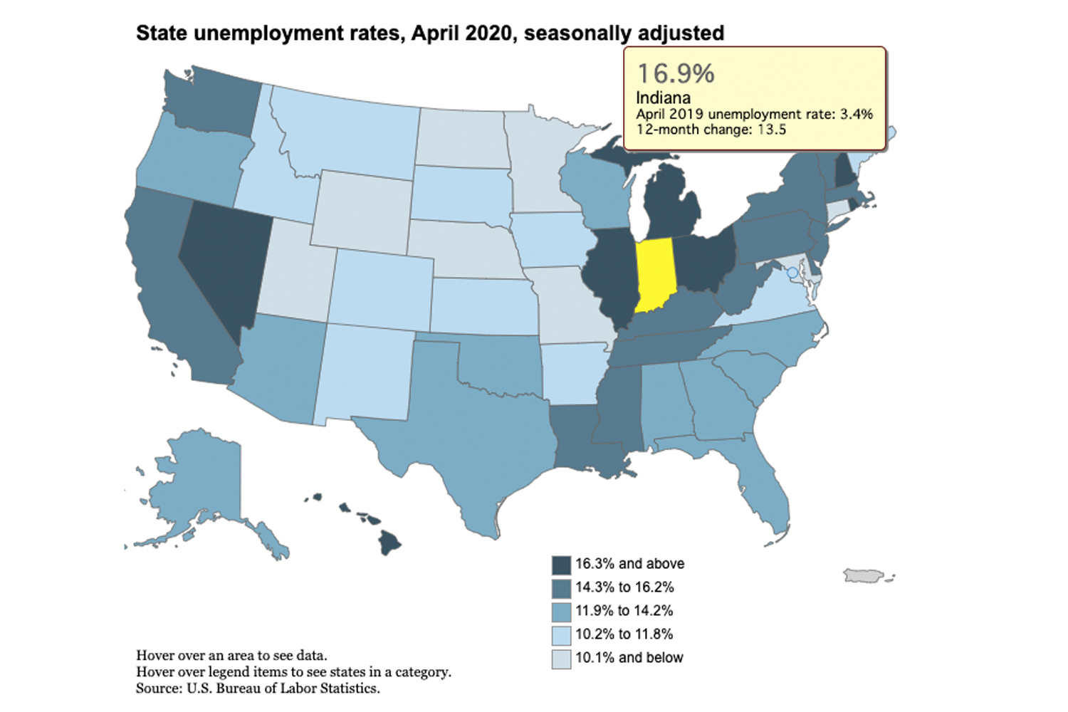 A chart from the Bureau of Labor Statistics showing April 2020 unemployment rates across the nation.