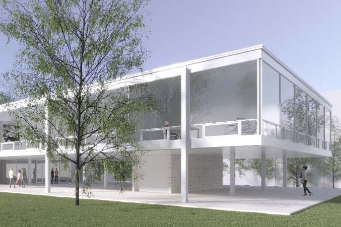 A rendering of the new IU Eskenazi School of Art Architecture and Design, inspired by architect Ludwig Mies van der Rohe.