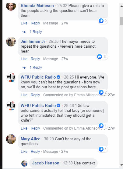 A screenshot of comments on a Facebook Live stream of the farmers' market press conference in 2019.