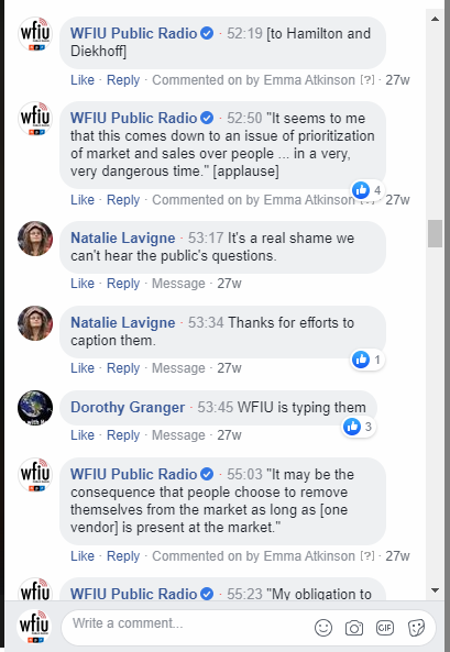 A screenshot of comments on a Facebook Live stream of the farmers' market press conference in 2019.