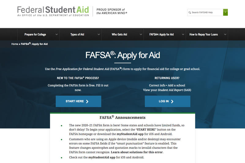 A screenshot of the FAFSA website.