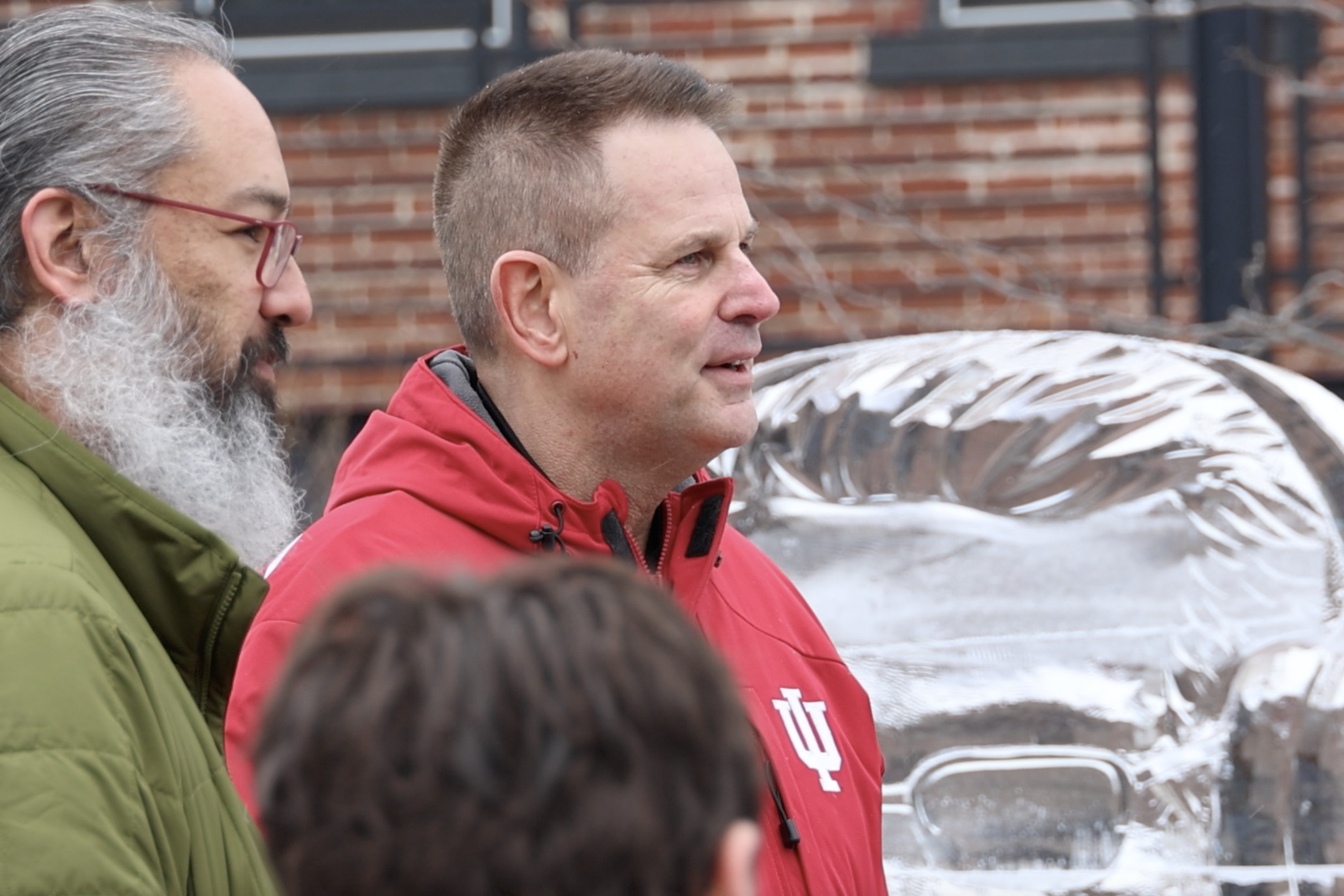 IU football coach Curt Cignetti checks out an ice sculpture of himself at Freezefest 2025 Thursday.