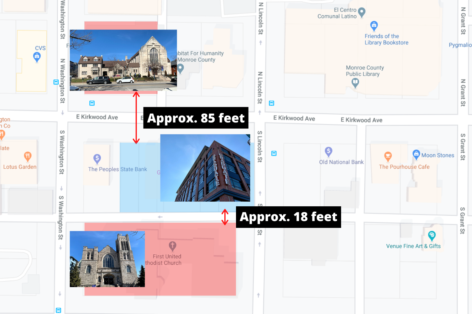 A graphic showing the approximate distance between the Graduate Hotel and and two downtown Bloomington churches.