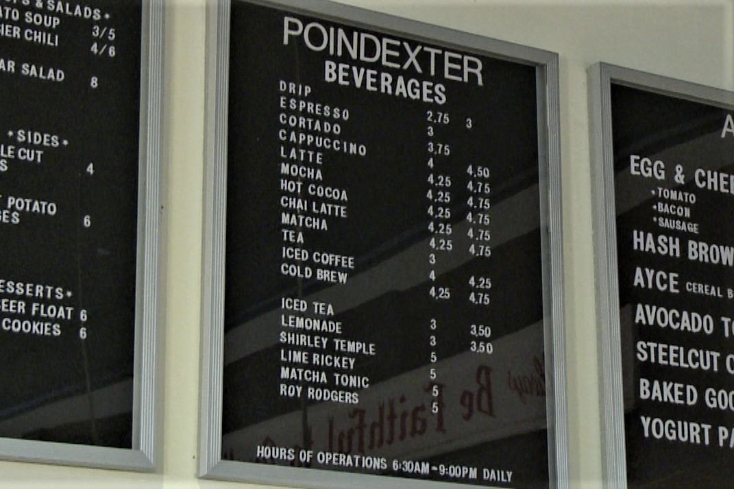 A photo of the menu at the Graduate Hotel's Poindexter Cafe.