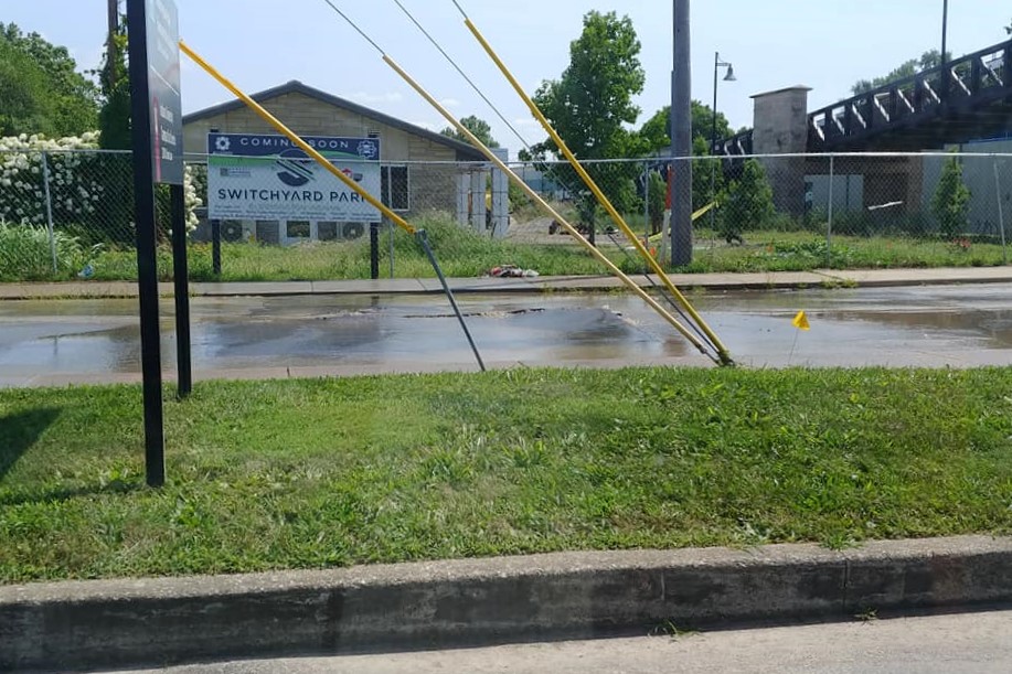 Grimes Lane, where a water main broke. Bloomington, July 2019.