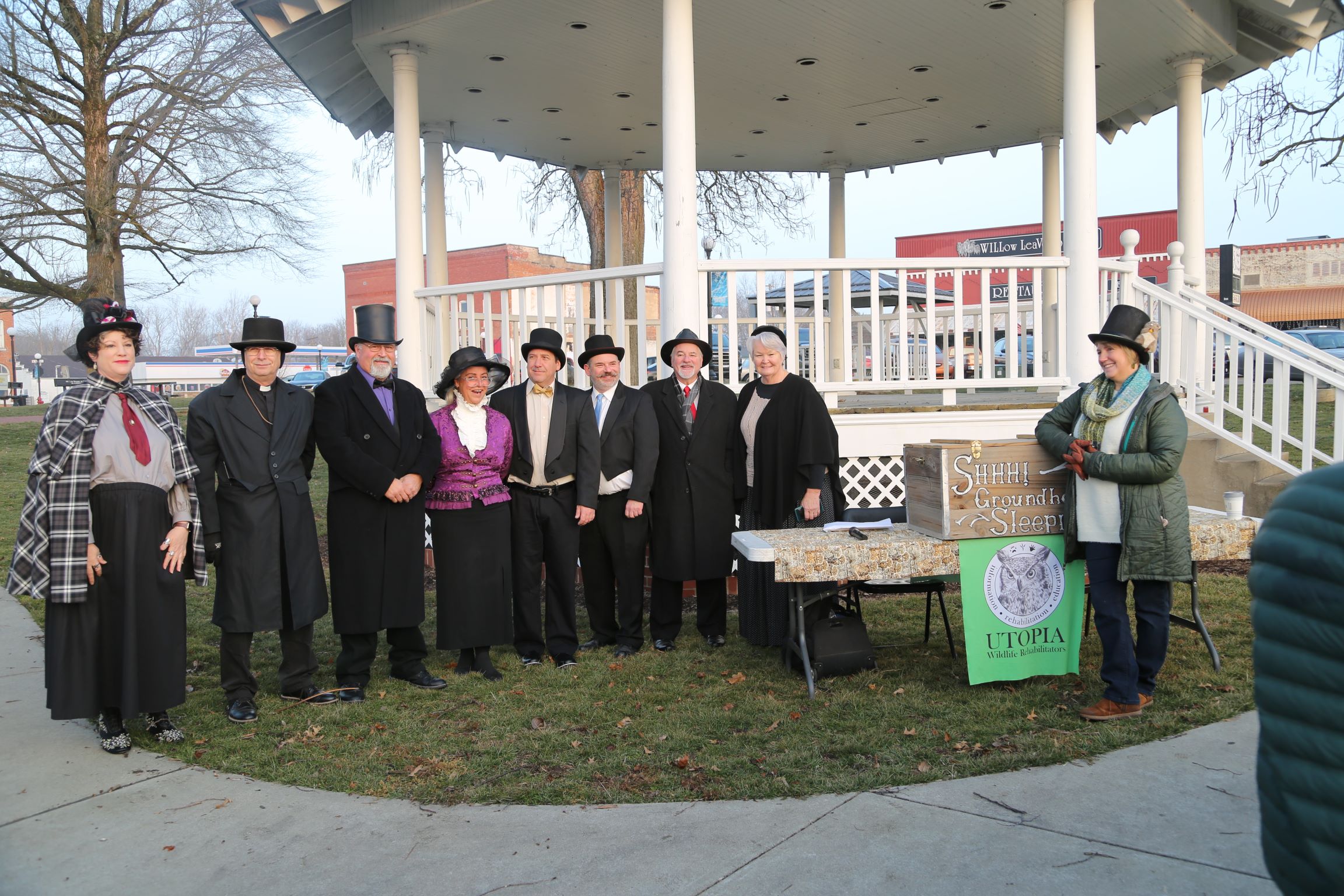 Volunteers at the Hope, Indiana Groundhog Day ceremony gather for a photo.