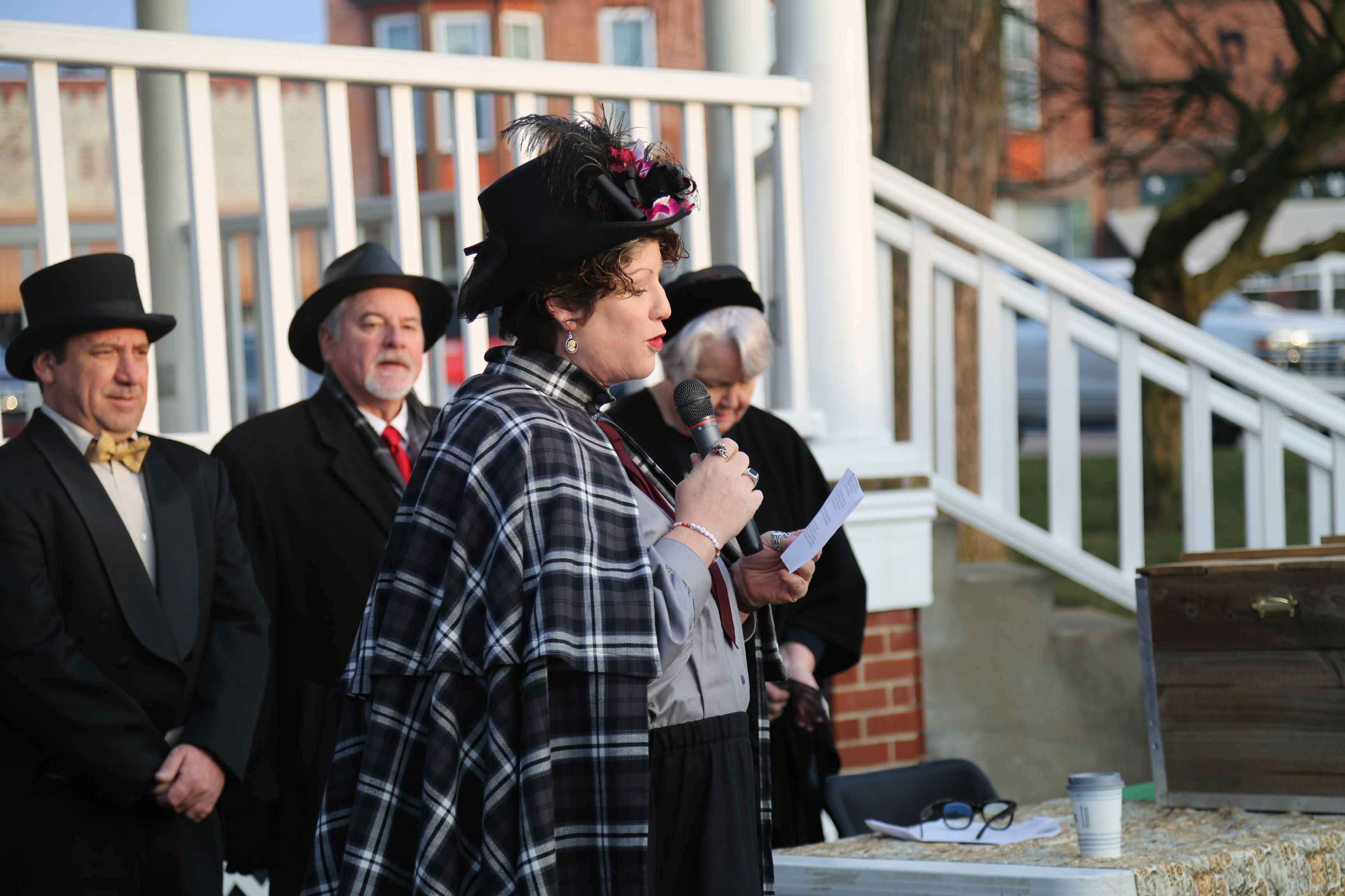 Speaker Jessica Deckard, the first female "Groundhog Groupie" in Hope, Indiana, speaks at the 2024 Groundhog Day ceremony. 