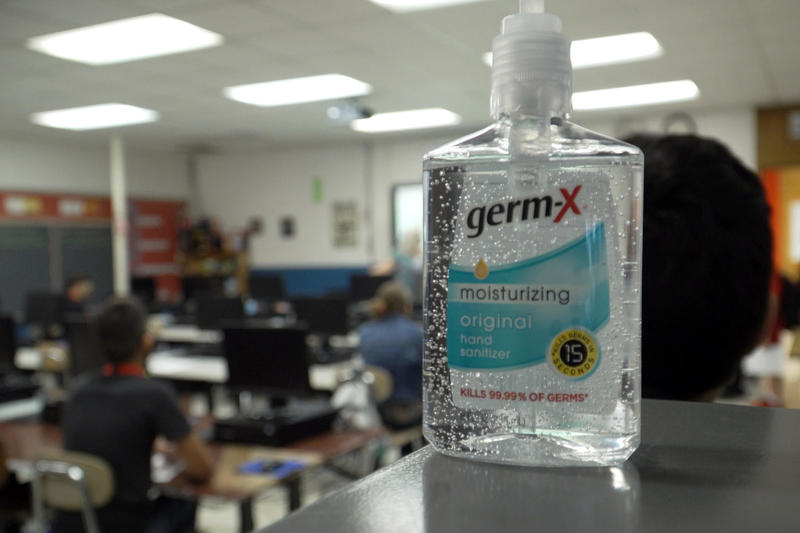 hand sanitizer in a classroom