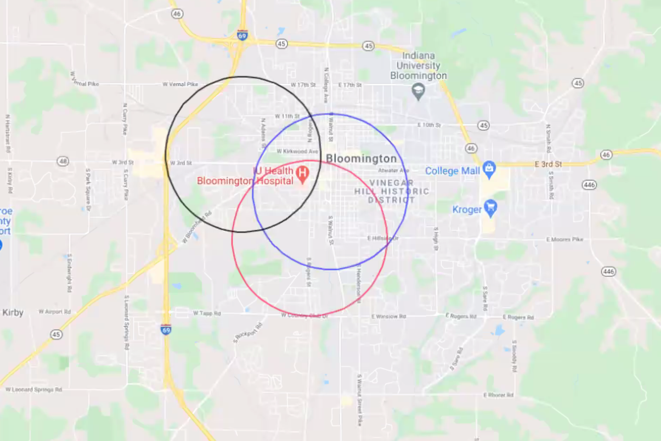 A map showing the radius to allow homeless camps in Bloomington under the proposed law.