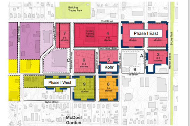 The hospital site is bounded roughly by West 2nd Street to the north, West Wylie Street to the south, the B-Line Trail to the east, and South Walker Street to the west.