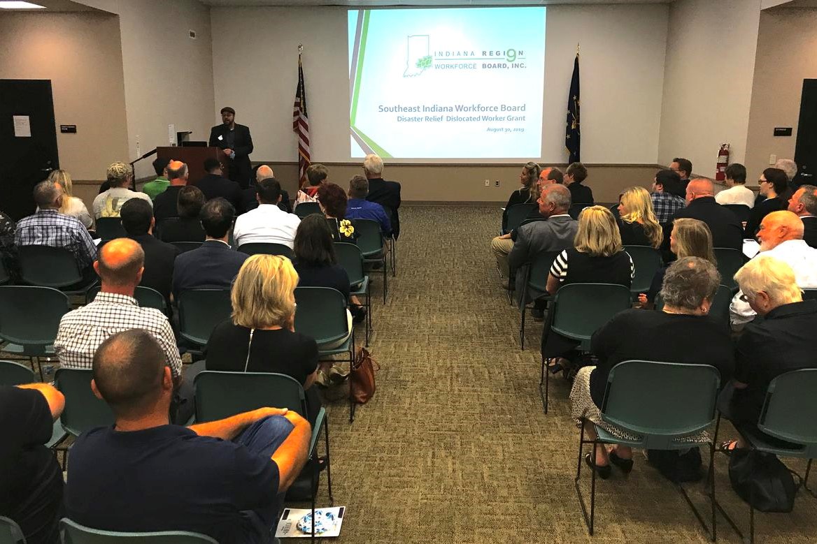 Kurt Kegerreis, the executive director of Region 9 Workforce Board, addresses an audience of state officials and lawmakers at Honda Manufacturing of Indiana on Aug. 30.