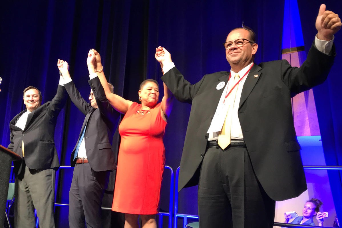 In 2018, Indiana Democrats' statewide candidates joined hands on stage as the convention wrapped up.