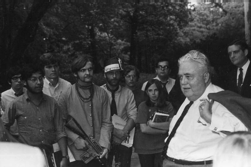 Herman Wells speaking to members of the Students for Democratic Society in 1969.