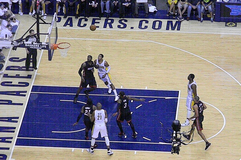 An NBA basketball game between the Indianapolis Pacers and the Miami Heat in 2012.