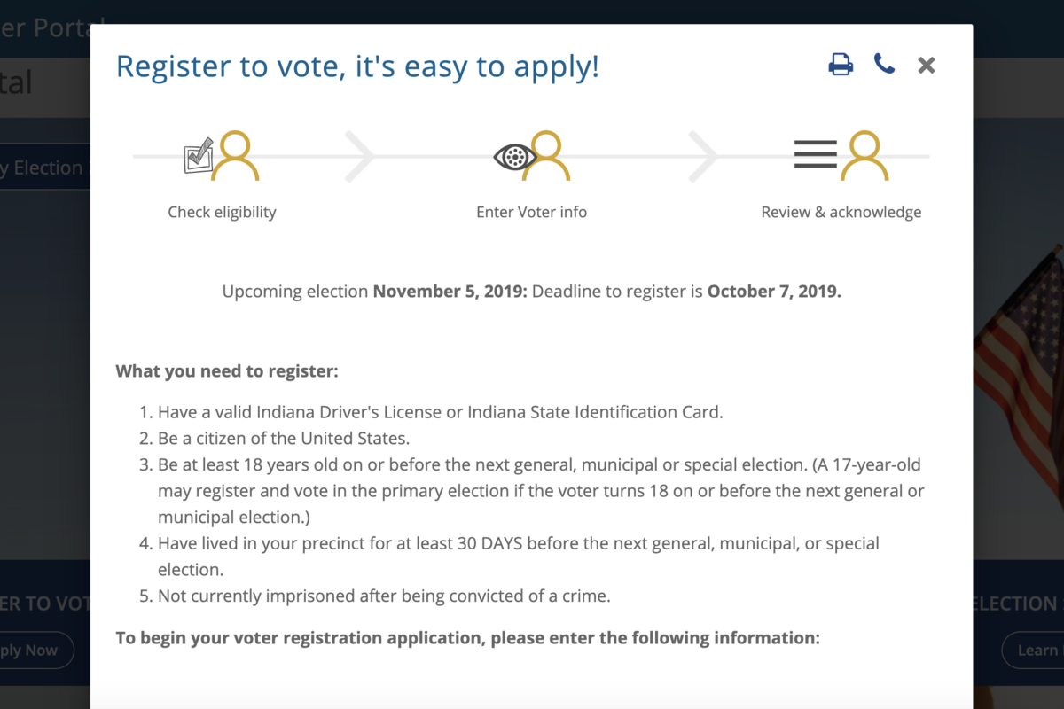 A screenshot of IndianaVoters.com explaining how to register to vote.