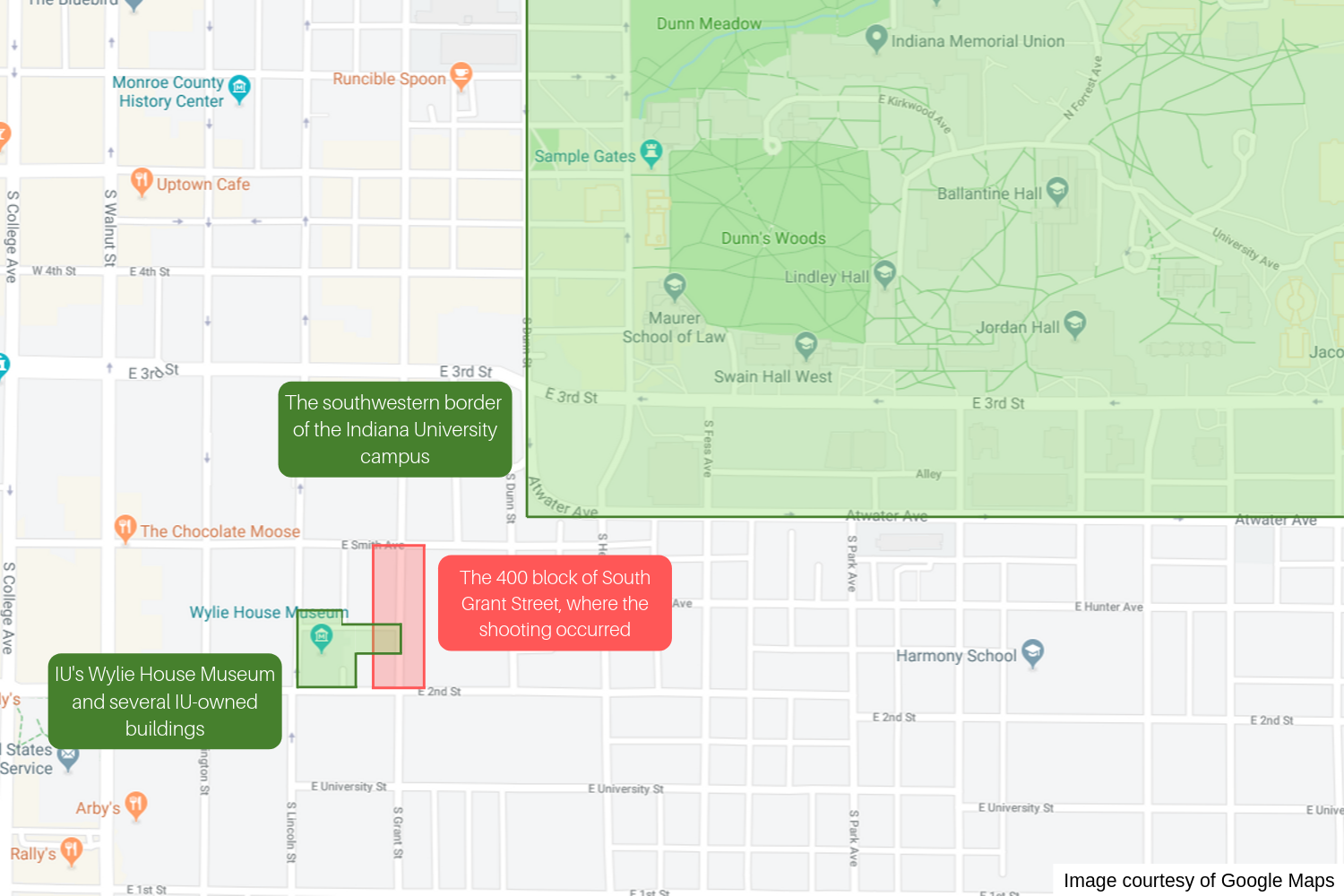 A map graphic of the neighborhood where a shooting occurred near IU's campus Homecoming weekend 2019.