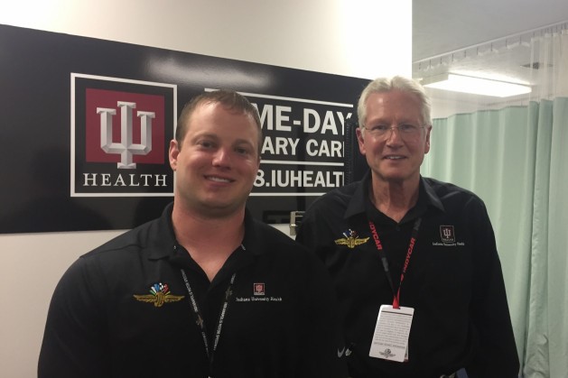 Resident Drew Lowry and IU Health Dr. Geoffrey Billows at the emergency medical center at IMS.