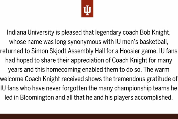 IU statement on Knight return