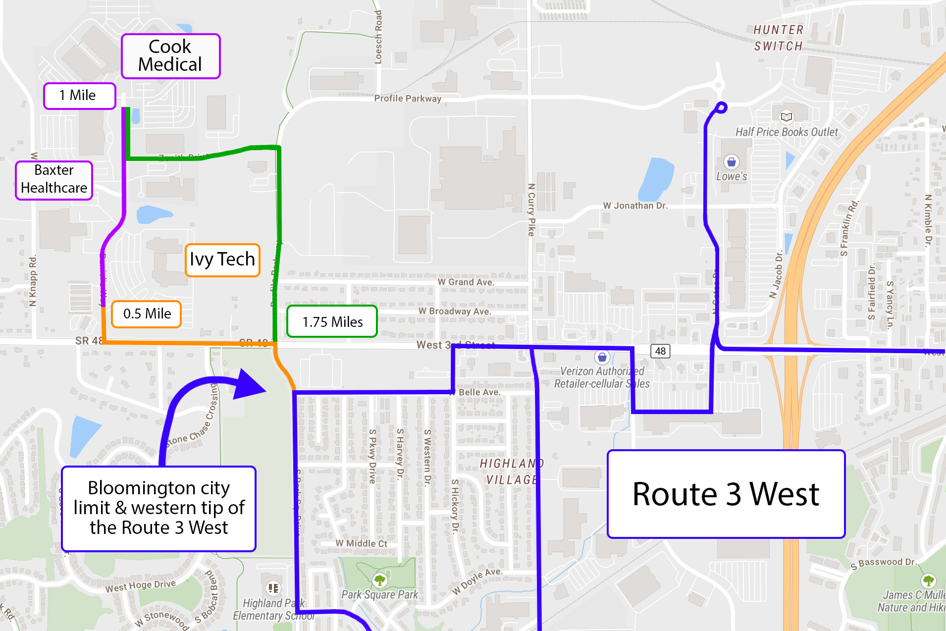 Ivy Tech bus distance map